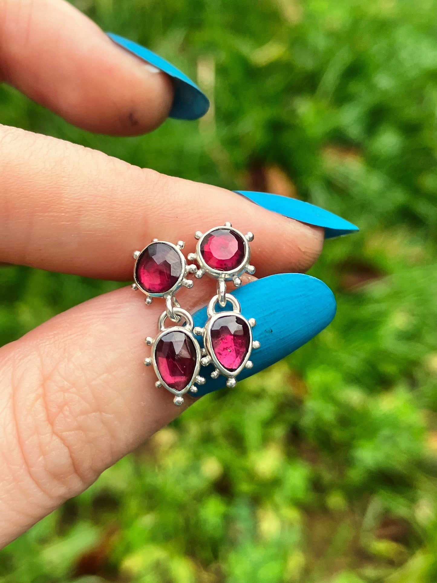 Garnet and Sterling Silver Stud Earrings with Granulation Detail