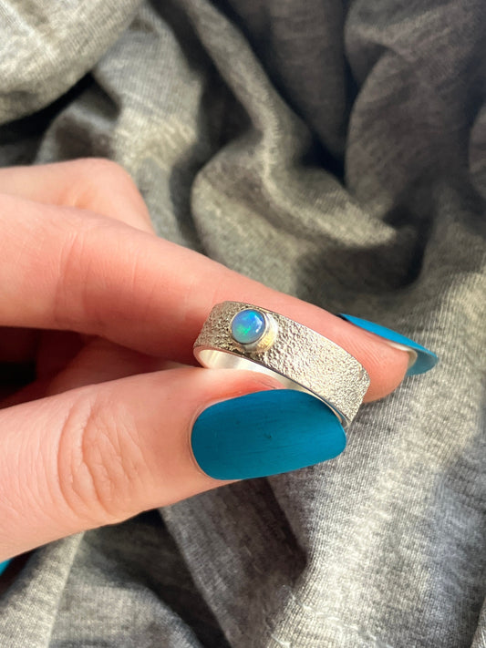 Opal and Sterling Silver Textured Statement Ring - UK Size R